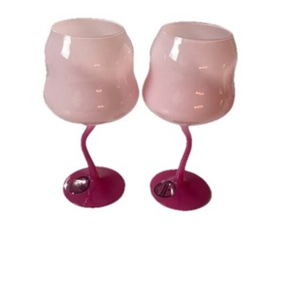 2 La Tulipe Pink Wine  Glasses  Unique Opaque Pink Wavy Stem  NEW - Picture 3 of 5